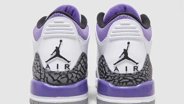Air Jordan 3 'Dark Iris' drops on August 24, 2022, for $200. The white and purple sneakers pay a subtle nod to Los Angeles Lakers legend Kobe Bryant.